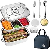 Stainless Steel Lunch Box Leakproof 3-Compartment Tray, 1800ml Stainless Steel Bento Box with Utensil Set, Sauce Cups and Lunch Bag, Dishwasher-Safe Snack Box for Work, Office, Travel, Picnic