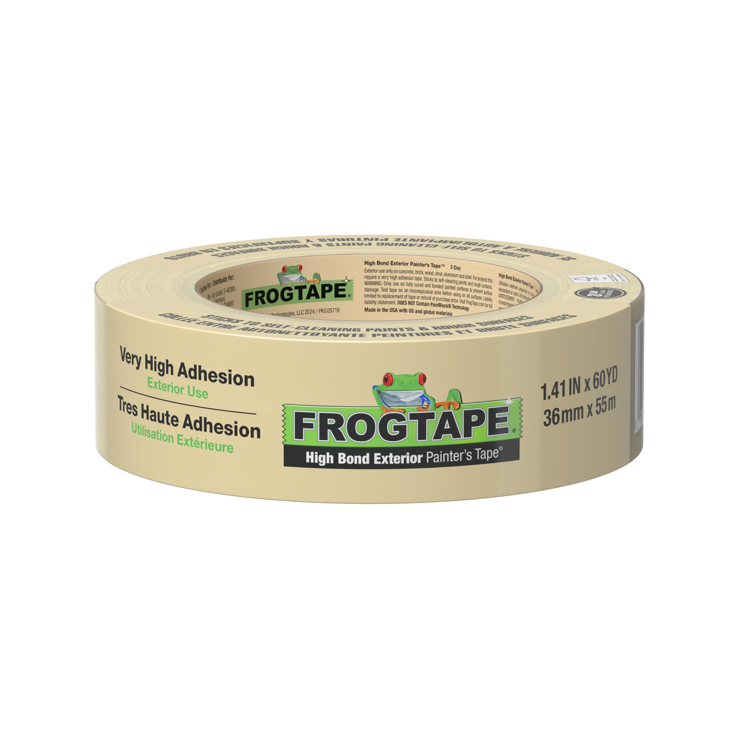Frog Tape High Bond Exterior Painters Masking Tape 36mm x 55m, High Adhesion for Painting Outdoors, Painters Tape for Exterior Surfaces, Wood, Metal, PVC and Glass
