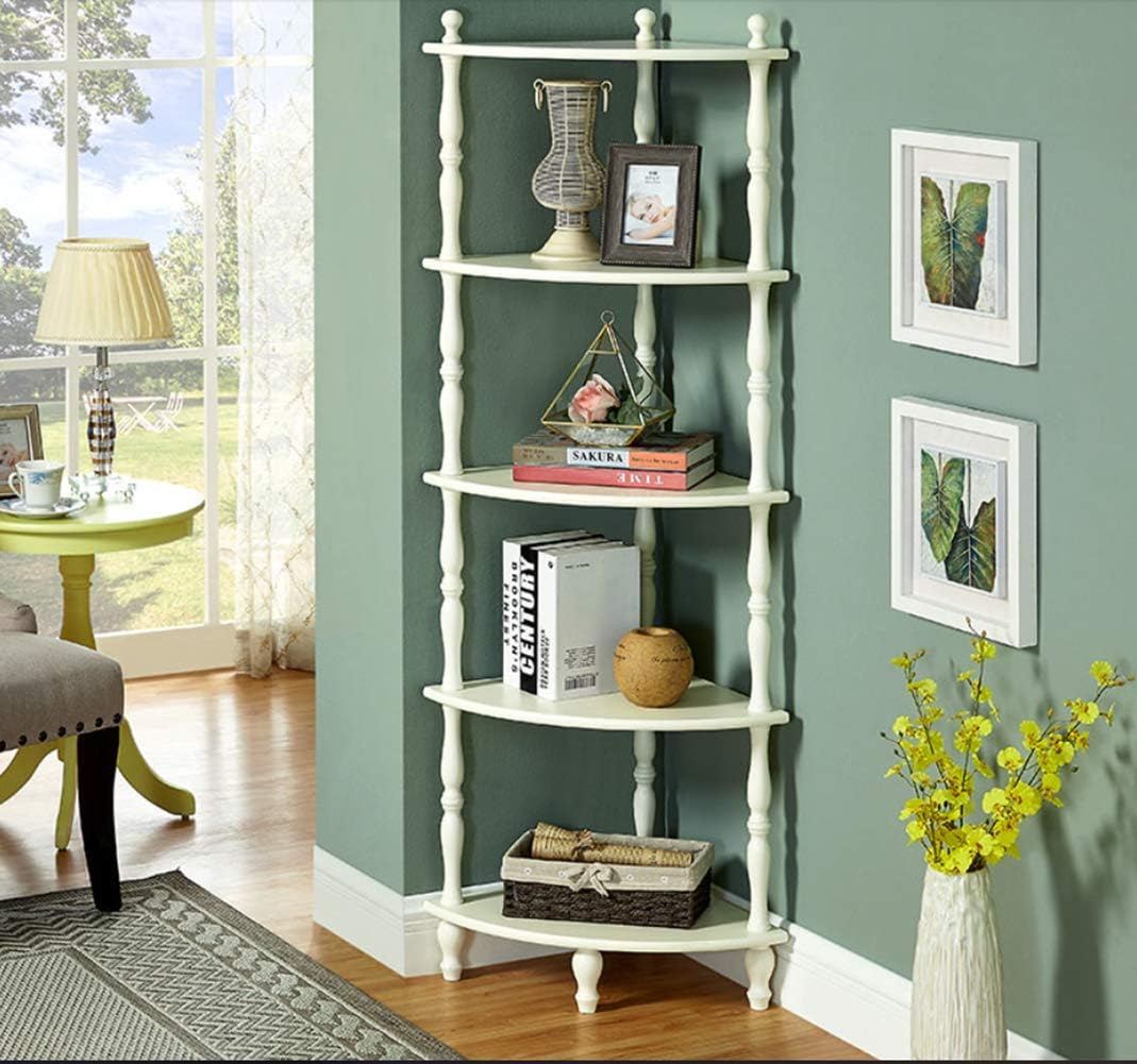 HAFurniture 5-Shelf Bookcase Rustic Corner Shelf Rack Wooden Shelves with 4 Leg Supports-White