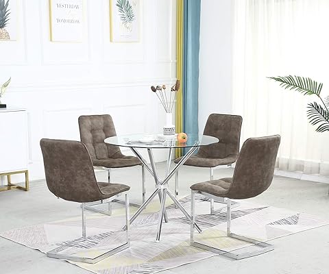 SICOTAS Round Dining Table Set with Glass Top and 4 Brown Chairs