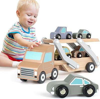 Vanplay Wooden Car Transporter Toy with 4 Cars for Toddlers