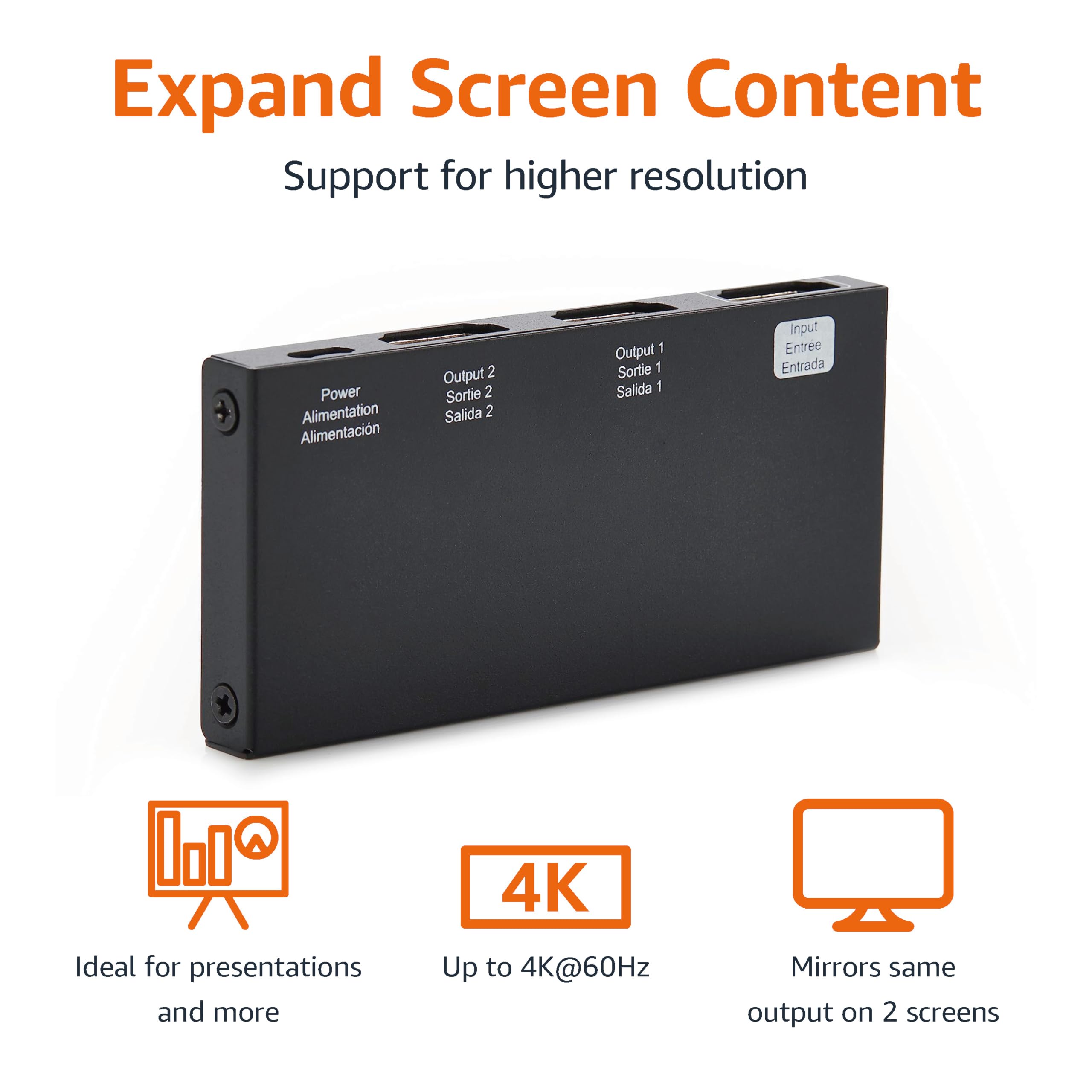 Amazon Basics HDMI Splitter 1 in 2 Out, 4K@60Hz for Dual Monitors, Mirror Only, Black