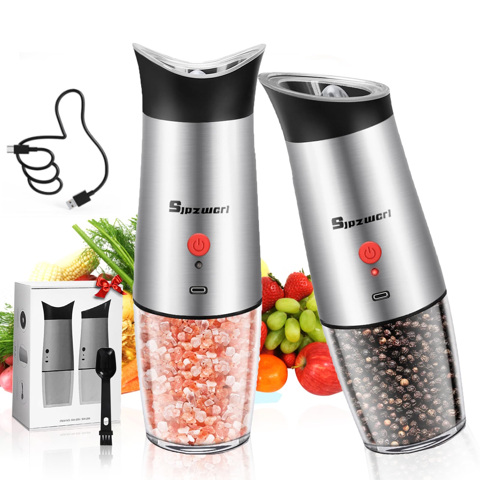 Electric Salt and Pepper Grinder Set: - USB Rechargeable Electric Pepper Mill Set - Automatic Pepper Grinder Refillable with Adjustable Coarseness, One Hand Operation(2 Pcs)
