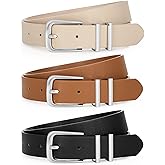 LEACOOLKEY 3 Pack Women's Leather Belts for Jeans Dress Pants Fashion Ladies Leather Belts with Gold Buckle
