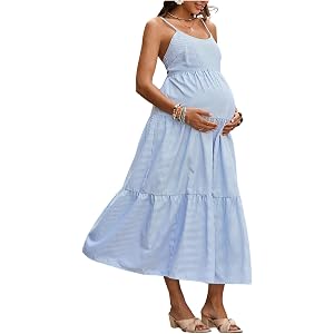 OYOANGLE Women's Bow Layered Ruffle Maternity Long Cami Dresses | Flowy Sleeveless Spaghetti Strap, Vacation, Summer, Elegant