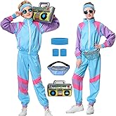 TIMSOPHIA 80s Tracksuit for Kids, 90s Outfits Boys Girls 6PCS Hip Hop Dance Costume, Colorblock Jacket for Retro Theme Party (Light blue, 11-12 years)