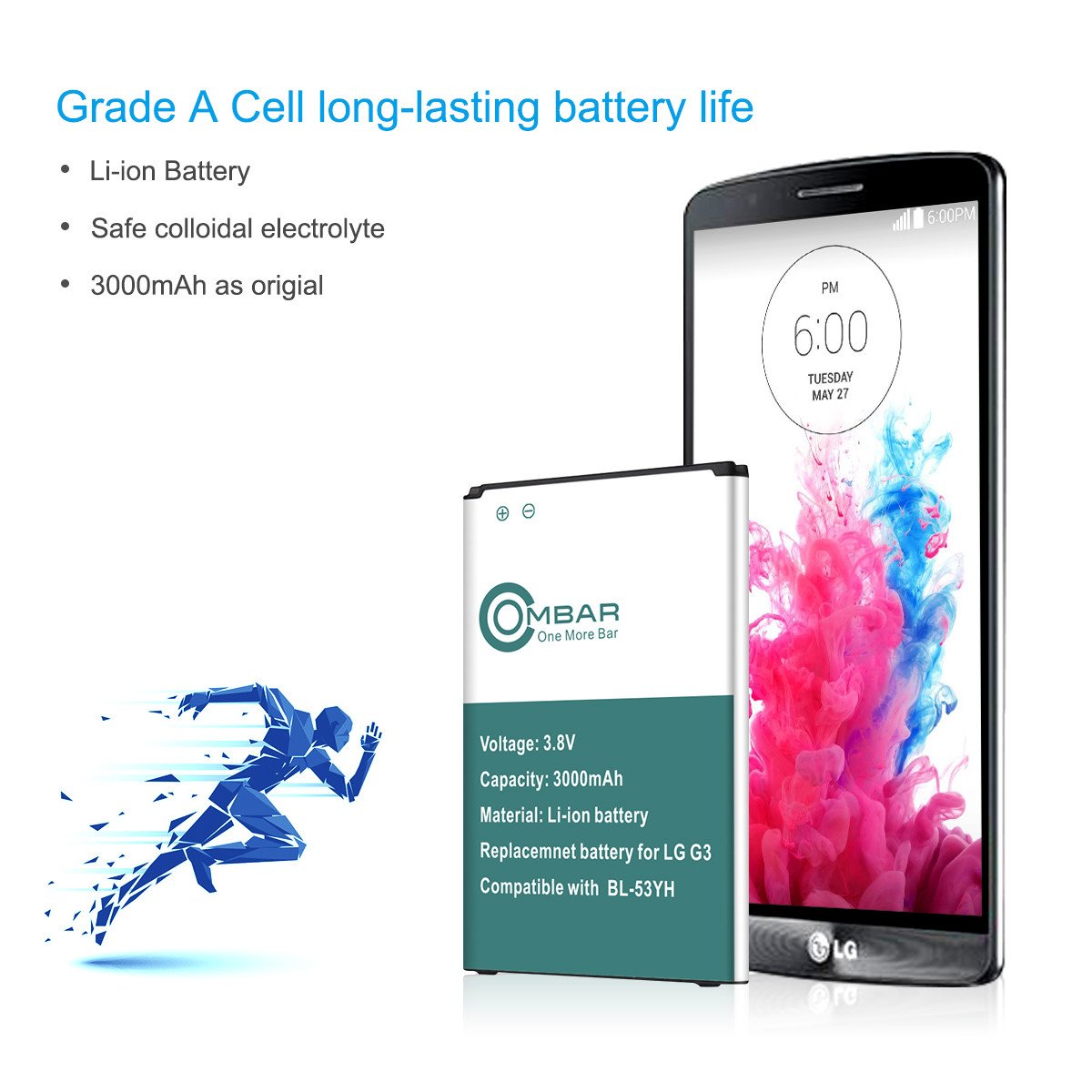 Ombar 3000mah Replacement Battery for LG G3, BL-53YH Battery, 12-Month Warranty