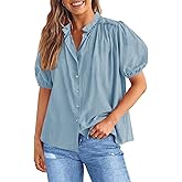 Tankaneo Womens Puff Sleeve Button Down Shirts Cotton Pleated Loose Fit Tops Summer Dressy Casual Blouses