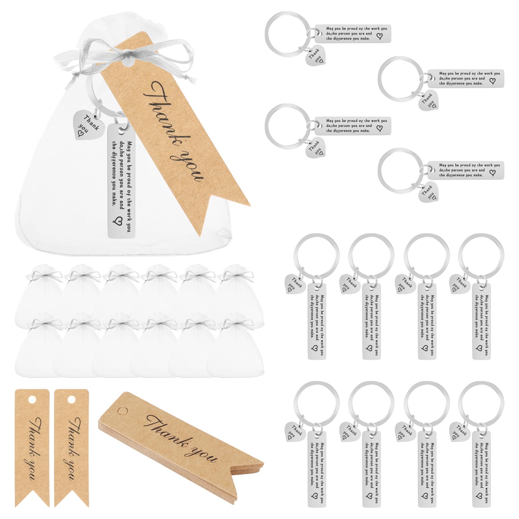 Plomevry 12 Sets Thank You Gifts Employee Appreciation Bulk Coworker Inspirational Keychain Thank You Cards White Organza Bags Colleagues for Office Christmas Farewell Gifts Staff Teacher Women Men