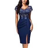 Miusol Women's Classy V-Neck Glitter Sequin Lace Cap Sleeve Cocktail Party Dress