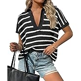Saodimallsu Womens Striped Short Sleeve Sweater Tops Summer V Neck Collared Trendy Casual Loose Knit Pullover Shirt