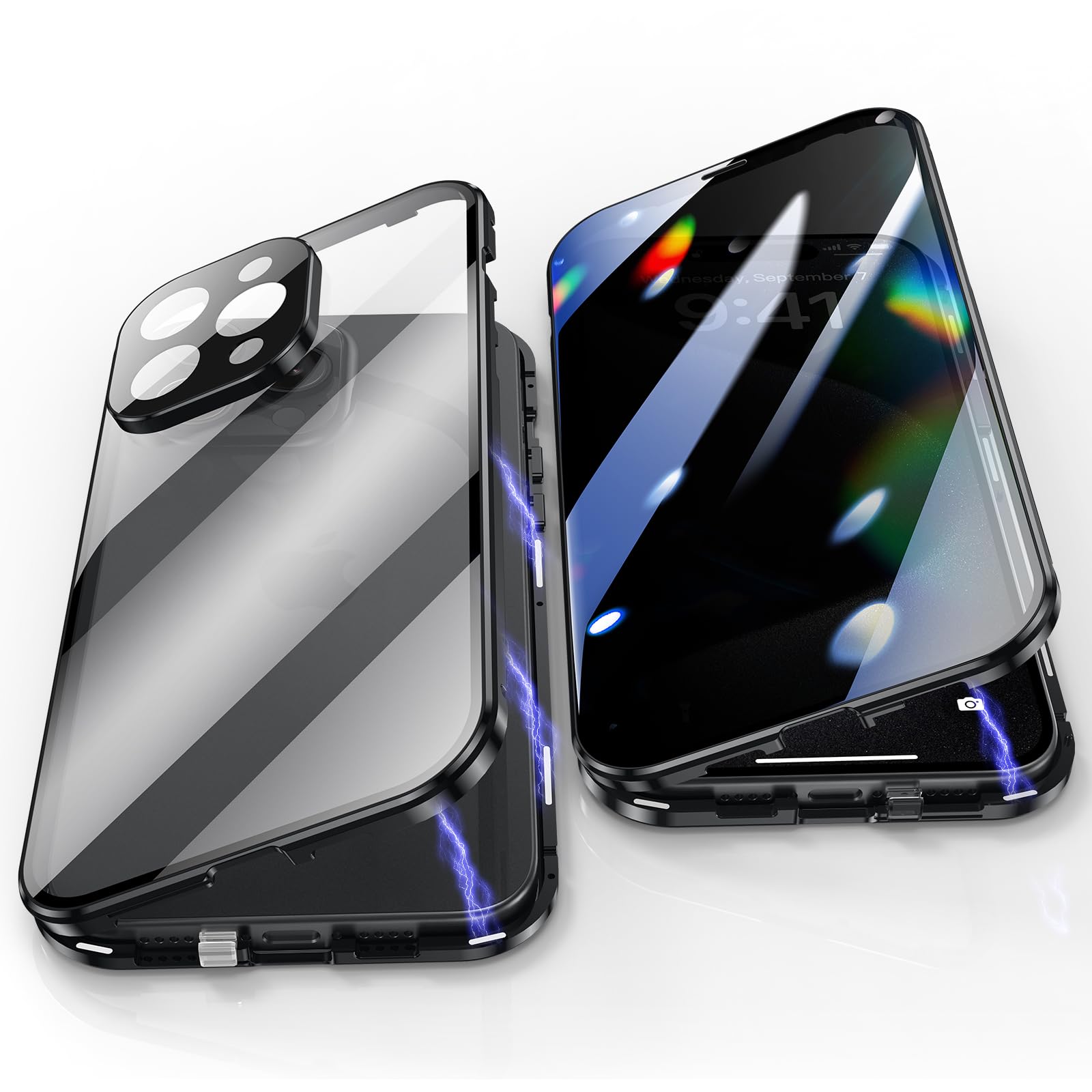 Jonwelsy Anti Peeping Case for iPhone 15 Pro (6.1"), 360 Degree Front and Back Privacy Tempered Glass Cover, Anti SPY Screen, Anti Peep Magnetic Adsorption Metal Bumper for iPhone 15 Pro (Black)