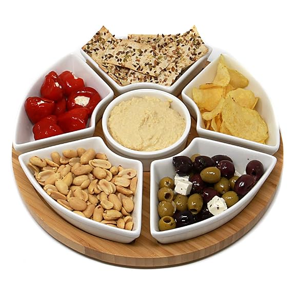 Maison & White Rotierende Lazy Susan Dip Set | Bamboo Dreh Servierplatte mit 6 Keramikschale Snack Schüsseln | Ideal für Dips