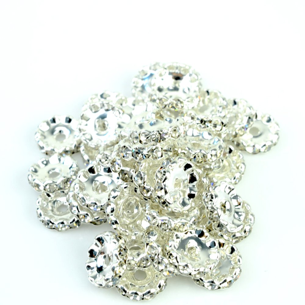 RUBYCA 100pcs 10mm Wavy Rondelle Spacer Beads Silver Tone White Clear Czech Crystal — image 1