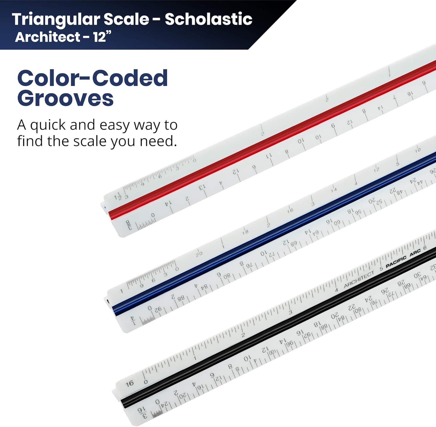 Drafting Tools & Kits 1 1/8 and 3 Inch 1/4 3/4 1/2 3/16 3/8 Pacific Arc  Architect Triangle Scale Ruler 12 Inch with Acid Etched Markings Openly Divided  by 3/32 1H Office Products