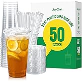 JoyOwl 32 OZ Clear Plastic Cups with Lids and Straws 50 Pack, Disposable To Go Cups with Lids for Iced Coffee, Smoothie and Cold Drinks