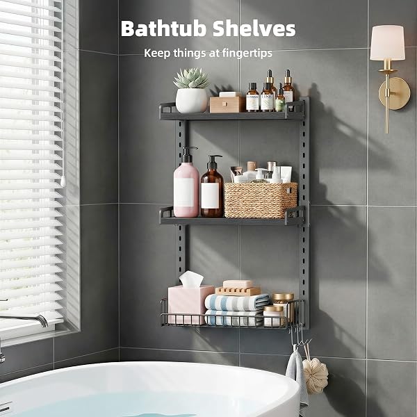 KALRIN 3 TIER BATHROOM SHELVES OVER TOILET – WALL MOUNTED FLOATING SHELVES WITH DRAIN BASKET, TOILET PAPER STORAGE, HEIGHT ADJUSTABLE OVER THE TOILET STORAGE, PURE BLACK