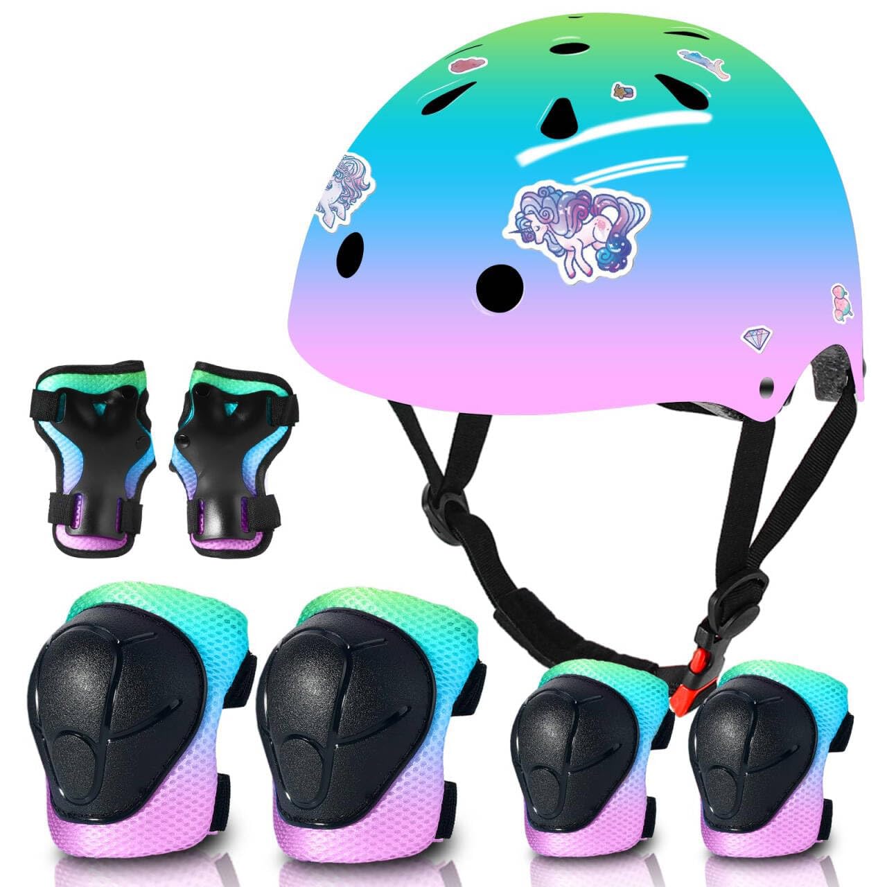 Kids Bike Helmet and Pad Set for Girls Boys Ages 2-3-5-8-14, Adjustable Toddler Youth Helmet with Knee & Elbow Pads for Bicycle, Skating, Scooter - Multiple Bright Color Options Image