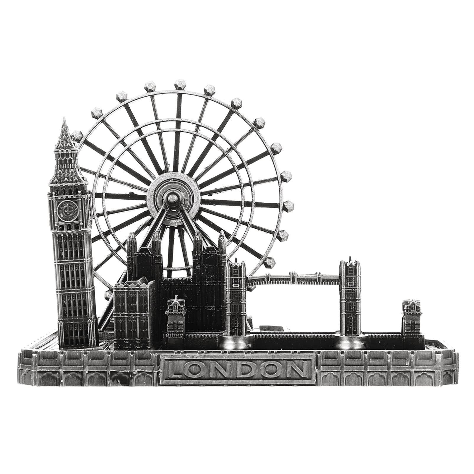 Warmhm Retro Architecture Model London Eye Big Ben Tower Bridge Model Bronze Metal Big Ben Clock Statue Figurine for Desktop Living Room Party Decoration (Silver)