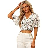 Allegra K Women's Floral Blouse Flare Short Sleeve V Neck 2025 Trendy Summer Smocked Crop Tops