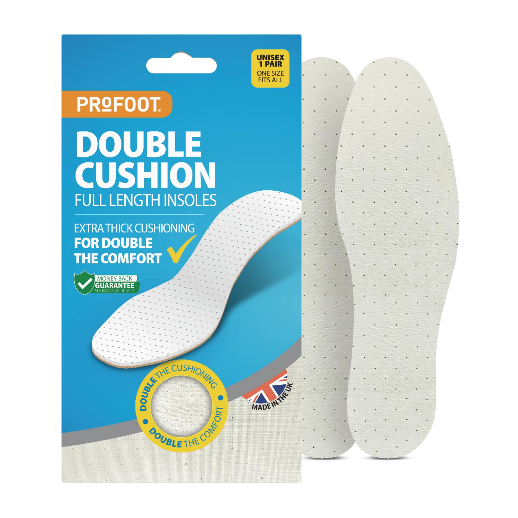 Profoot Unisex Insoles Double Cushion Full Length Shoe Inserts with Extra Thick Cushioning, Double Layer Insole For Everyday Comfort, Promotes Better Airflow, Trim to Fit, One Size, 1 Pair