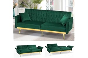ACMEASE 70” Velvet Futon Sofa Bed w/Adjustable Backrests and Armrests, Convertible Futon Couch with Two Pillows, Modern Tufted Sleeper Bed for Living Room, Bedroom,Green