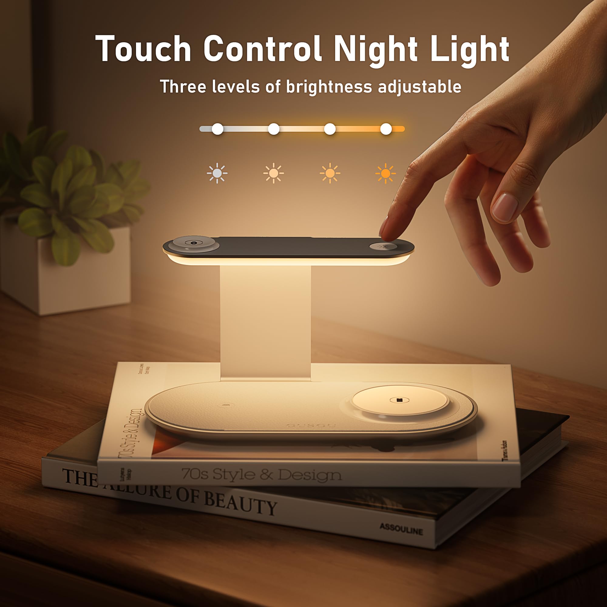 GUSGU 3 in 1 Charging Station for MagSafe Wireless Charger with Three-Level Night Light, 15W Max Fast Charging for iPhone 16/15/14/13/12, iWatch S1-8/Ultra, AirPods(USB-C Charger Included)-Gray