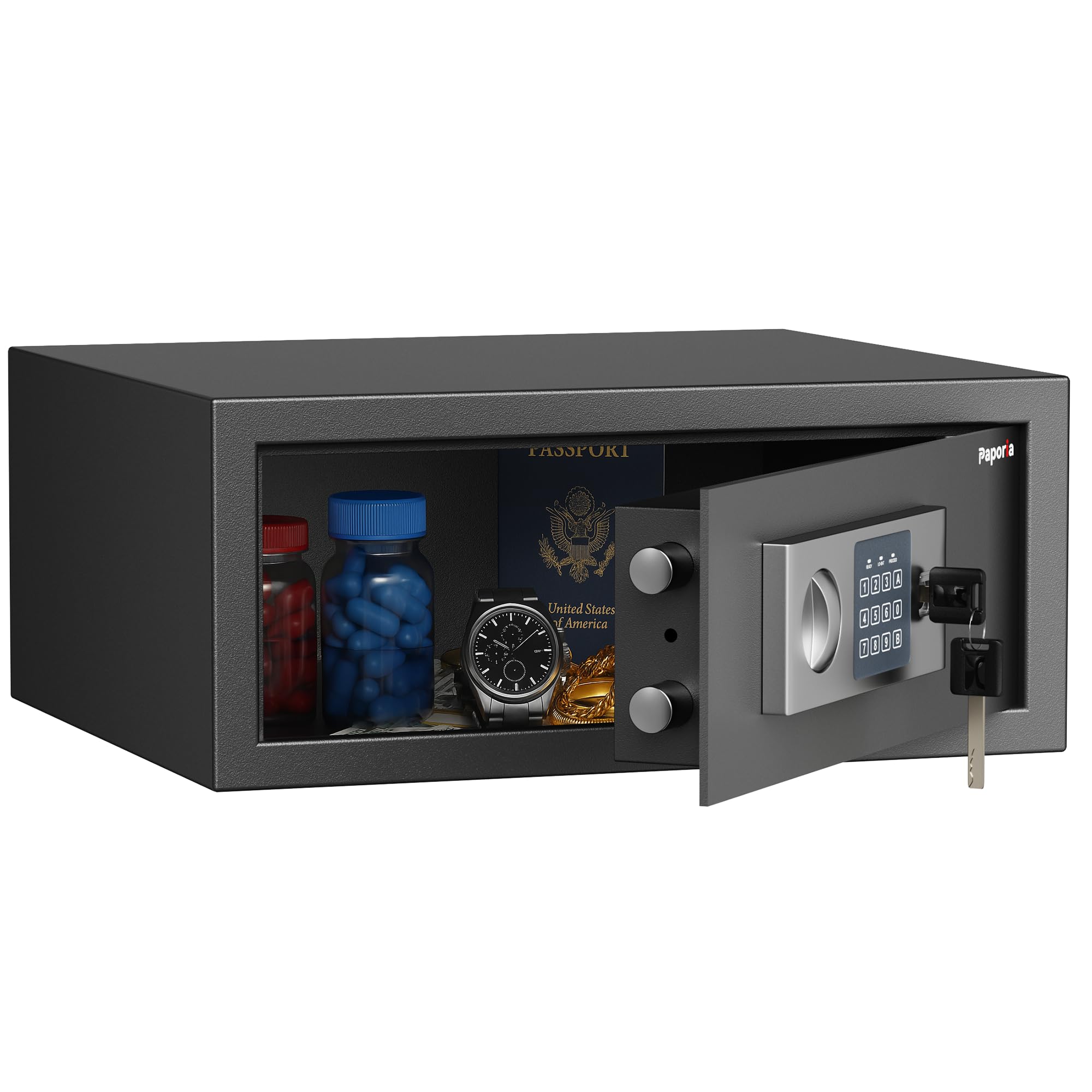 Photo 1 of **MAJOR DAMAGE**
Paporia 0.7 Cubic Feet Safe Box, Digital Security Lock Box with Shelf & Keypad & Combination, Alloy Steel Digital Home Safe for Home, Office, Hotel or Business, 16.9"W x 14.6"D x 7"H