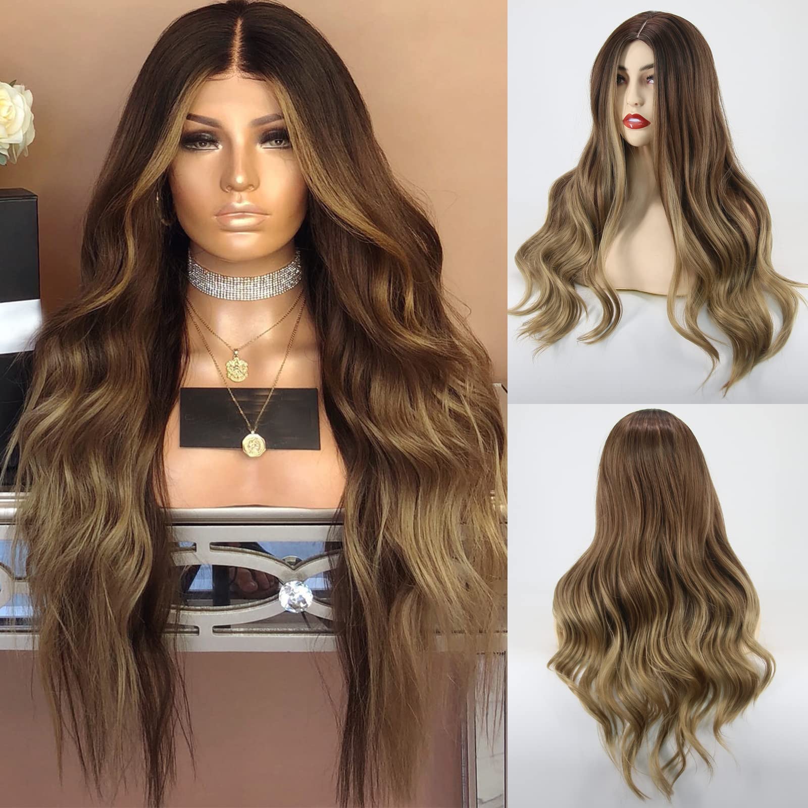 Towarm Long Wavy Ombre Dark Blonde Wig Middle Part Synthetic Wigs for Women with Brown Root Glueless High Temperature Fiber Cosplay Daily Wear Wig (YKL 318)