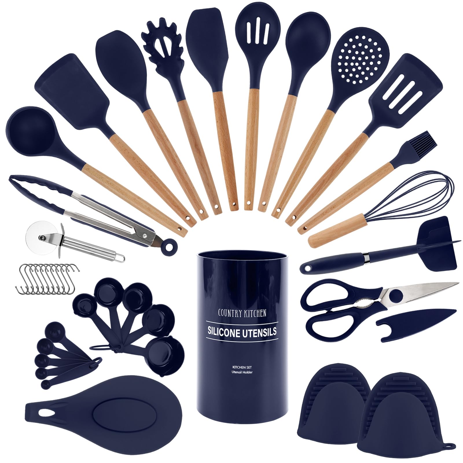 Country Kitchen Non Stick Silicone Utensil Set with Rounded Wood Handles for Cooking and Baking, 38 Piece Set, Navy Image