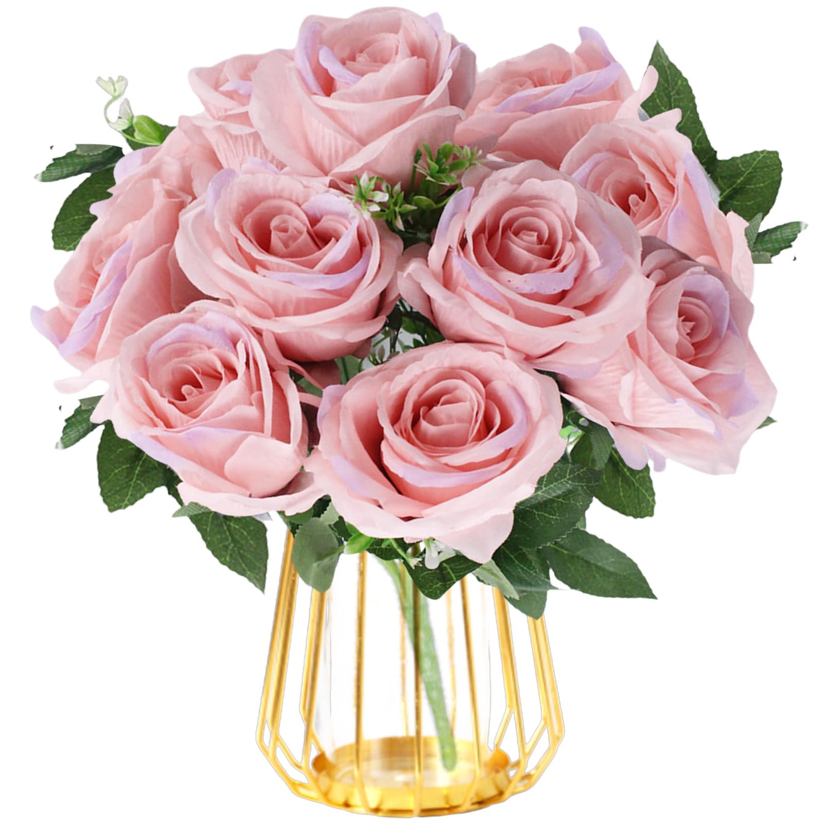 astylishome Artificial Flowers for Grave 10 PCS with Long Stem Fake Rose Bridal Wedding Bouquet Realistic Flower for Home Garden Party Hotel Office Decor Blossom Roses Pink 1213
