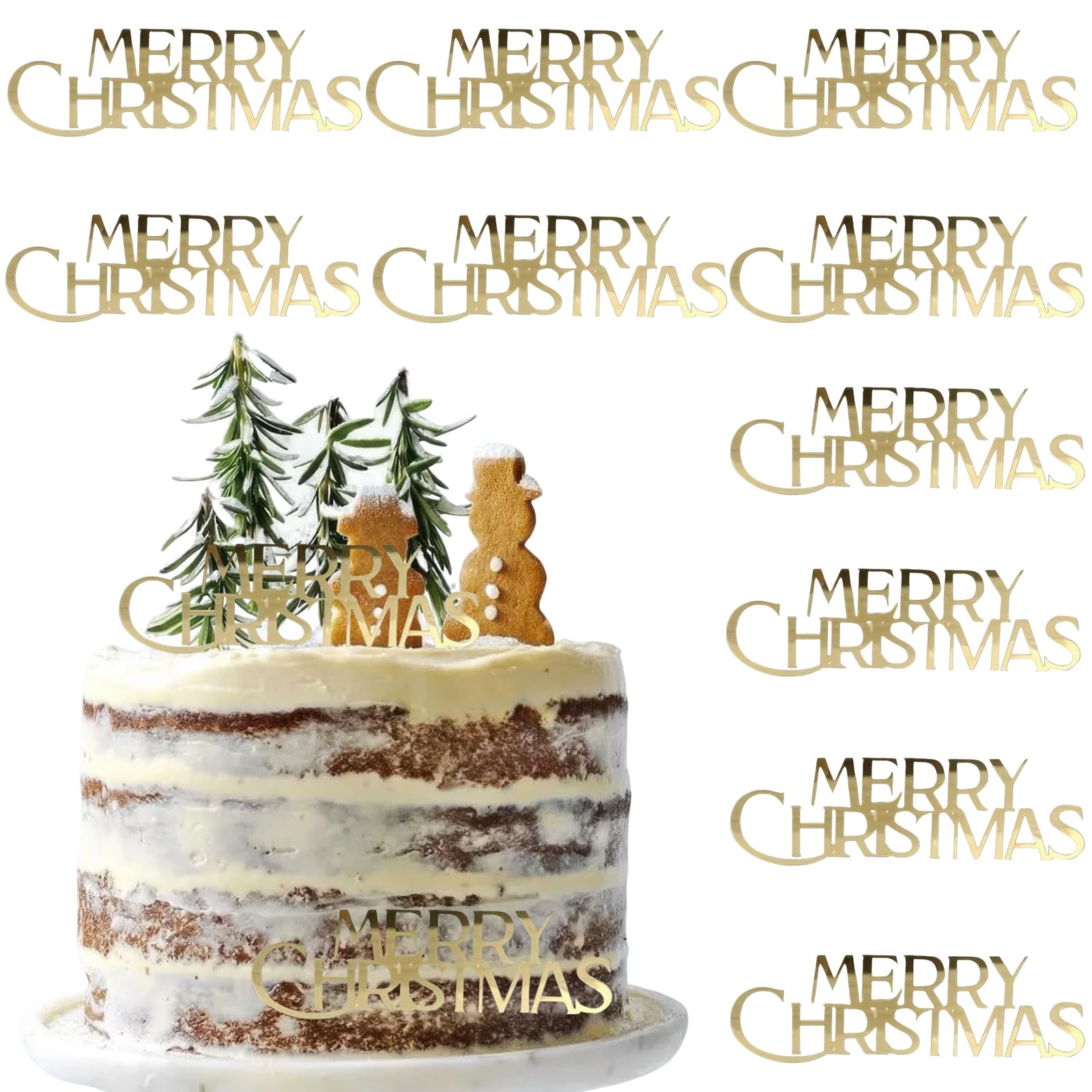 Photo 1 of 10 Pcs Christmas Cake Toppers Mirror Acrylic Cupcake Topper Merry Christmas Picks Cake Decorations for Xmas Winter DIY Party Dessert Decoration (Gold)