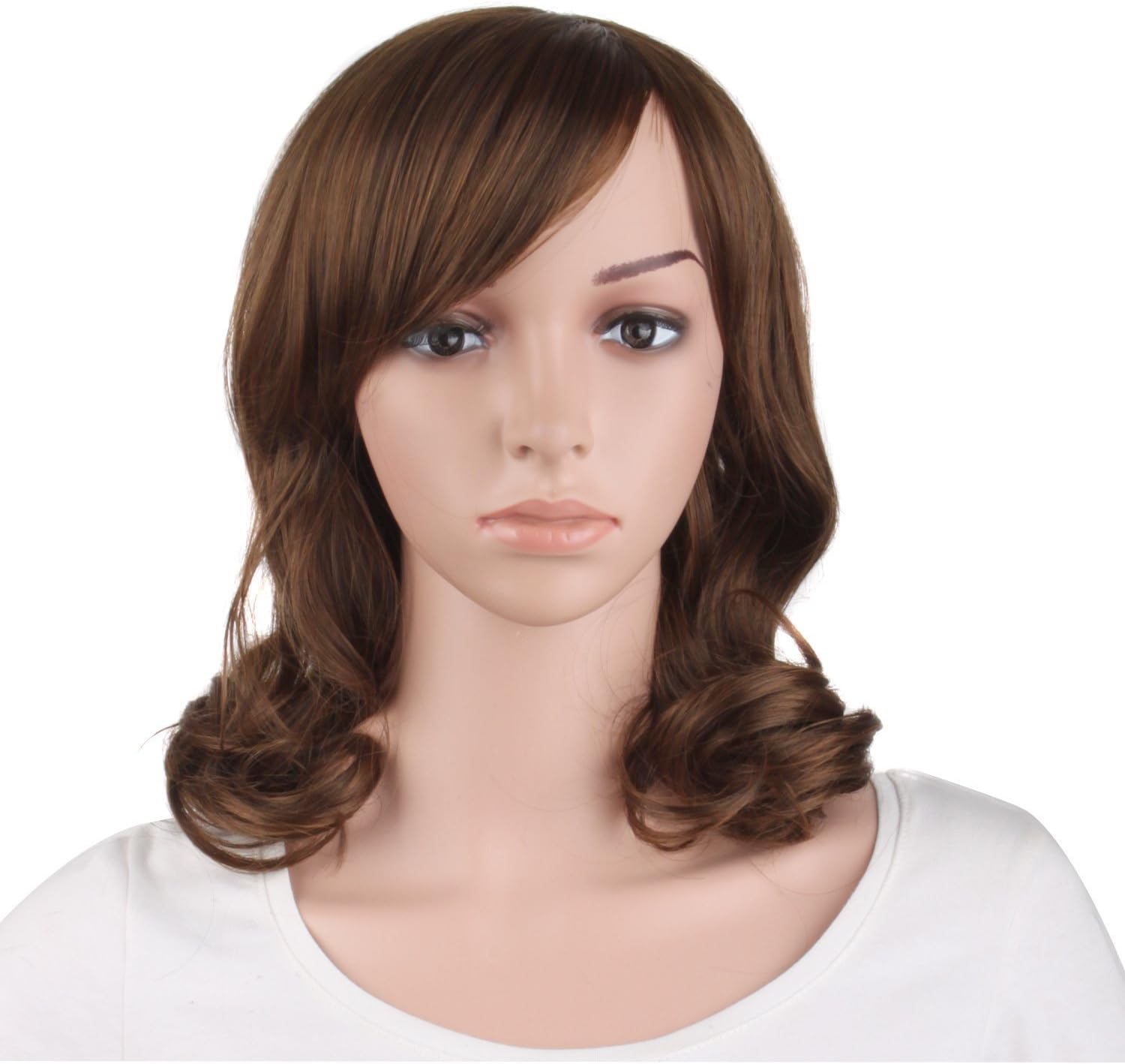 MapofBeauty 16"/40cm Fashion Side Bangs Medium Curly Wig (Brown), Light Brown, 53 centimeters