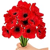 GCTWFYK 12 PCS 11" Artificial Anemone Flowers, PU Real Touch Fake Flowers for Wedding Memorial Day Table Centerpiece Home Kitchen - Red