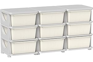 Qaba 3 Tier Kids Storage Unit, 9 Drawer Chest Toy Organizer Plastic Bins for Kids Bedroom Nursery Kindergarten Living Room for Boys Girls Toddlers, Cream White
