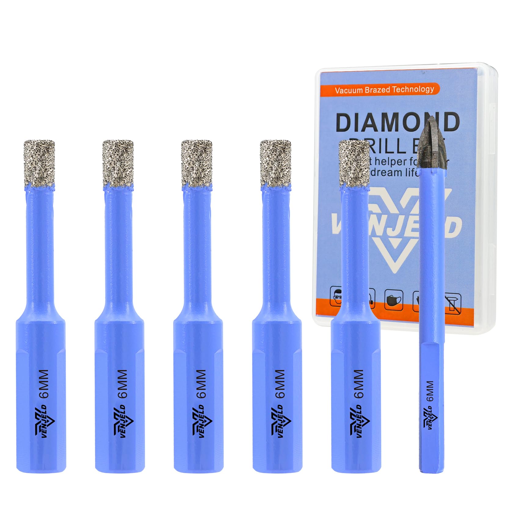 Dry Diamond Drill Bits Set - 6mm 5Pcs Tile Hole Saw Kit and 1Pc 6mm Carbide Drill Bit for Ceramic Porcelain Tile Marble Granite - Triangle Shank with Storage Case