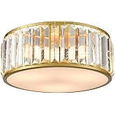 TEENYO 12 Inch Gold Crystal Flush Mount Ceiling Light 3-Light Drum Shade Ceiling Light Fixtures Luxury Crystal Glass Flush Mo
