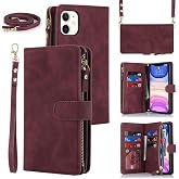 iCoverCase Compatible with iPhone 11 Wallet Case with Card Holder, Crossbody with Wrist Strap, PU Leather Kickstand Zipper Card Slots [Not Detachable] Flip Cover Case 6.1 Inch (Claret)