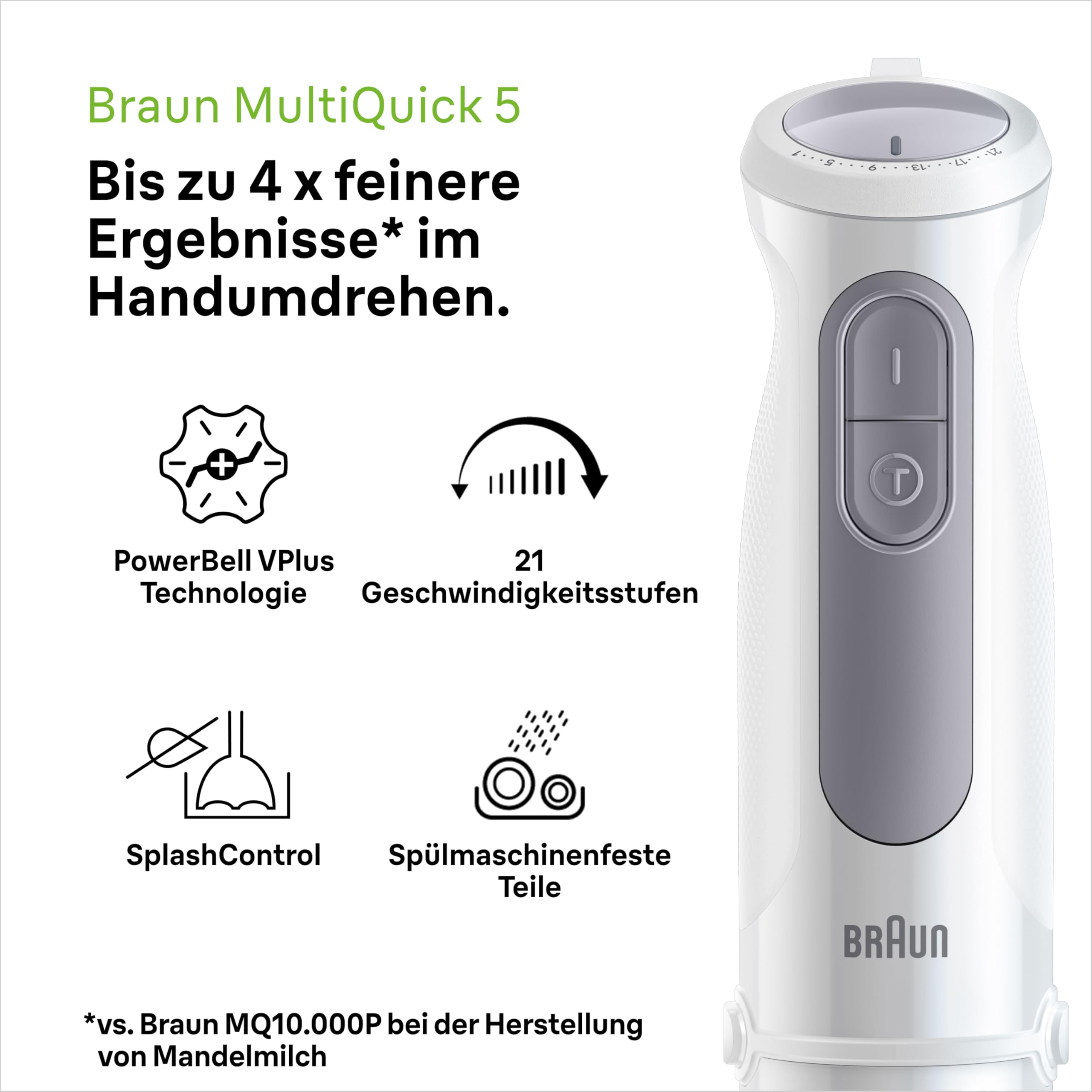 Braun Stabmixer MultiQuick 5 MQ 50236 M - Elektrischer Stabmixer mit 21 Geschwindigkeitsstufen + Turbo, Edelstahl Pürierfuß, Easy Click System, SplashControl, 3-teiliges Zubehör-Set, 1000 Watt, Weiß 3
