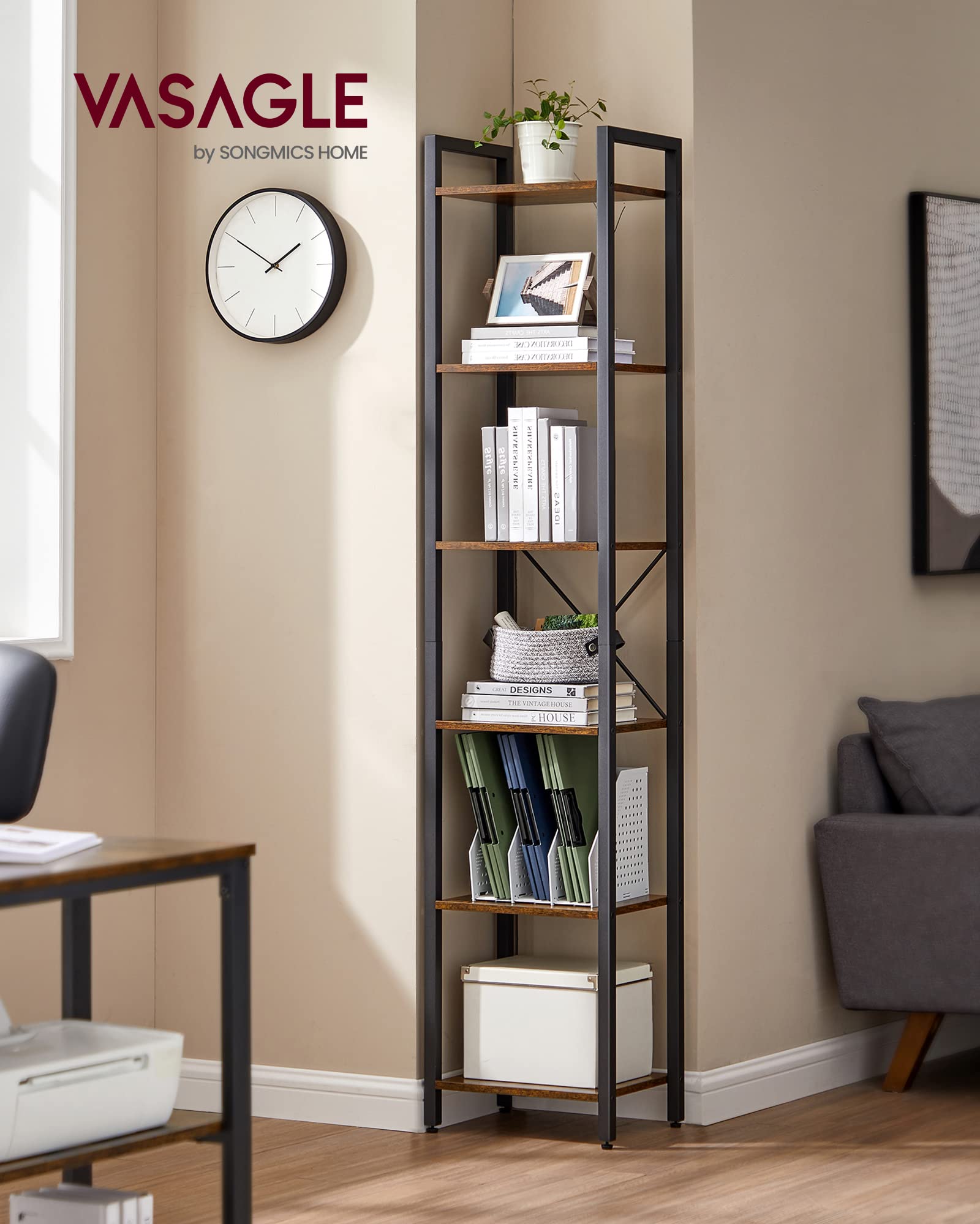 VASAGLE 6-Tier Bookshelf, Bookcase with Steel Frame, Book Shelf for Living Room, Home Office, Study, 11.8 x 15.7 x 73.2 Inches, Industrial Style, Rustic Brown and Ink Black ULLS101B01