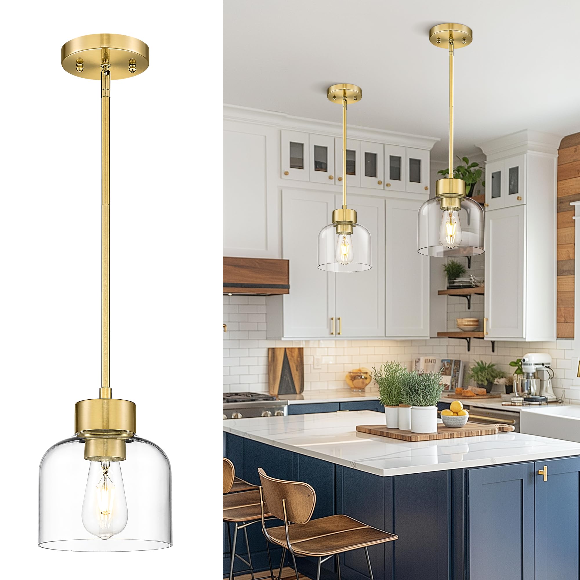 Photo 1 of BLACK************Audickic Gold Pendant Lights Kitchen Island, 7" Hanging Lights Fixtures with Clear Glass Shade, Modern Brass Kitchen Pendant Lighting Over Island for Dining Room, AD-24024-1P-GD