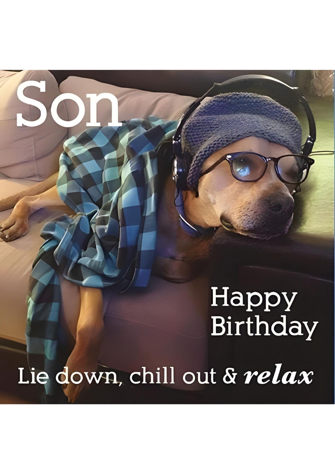 Paper Rose Photographic 'Son' Birthday Greeting Card - from The Funny Animals Range - Dog in Glasses, Shirt and Headphones Listening to Music - for Him