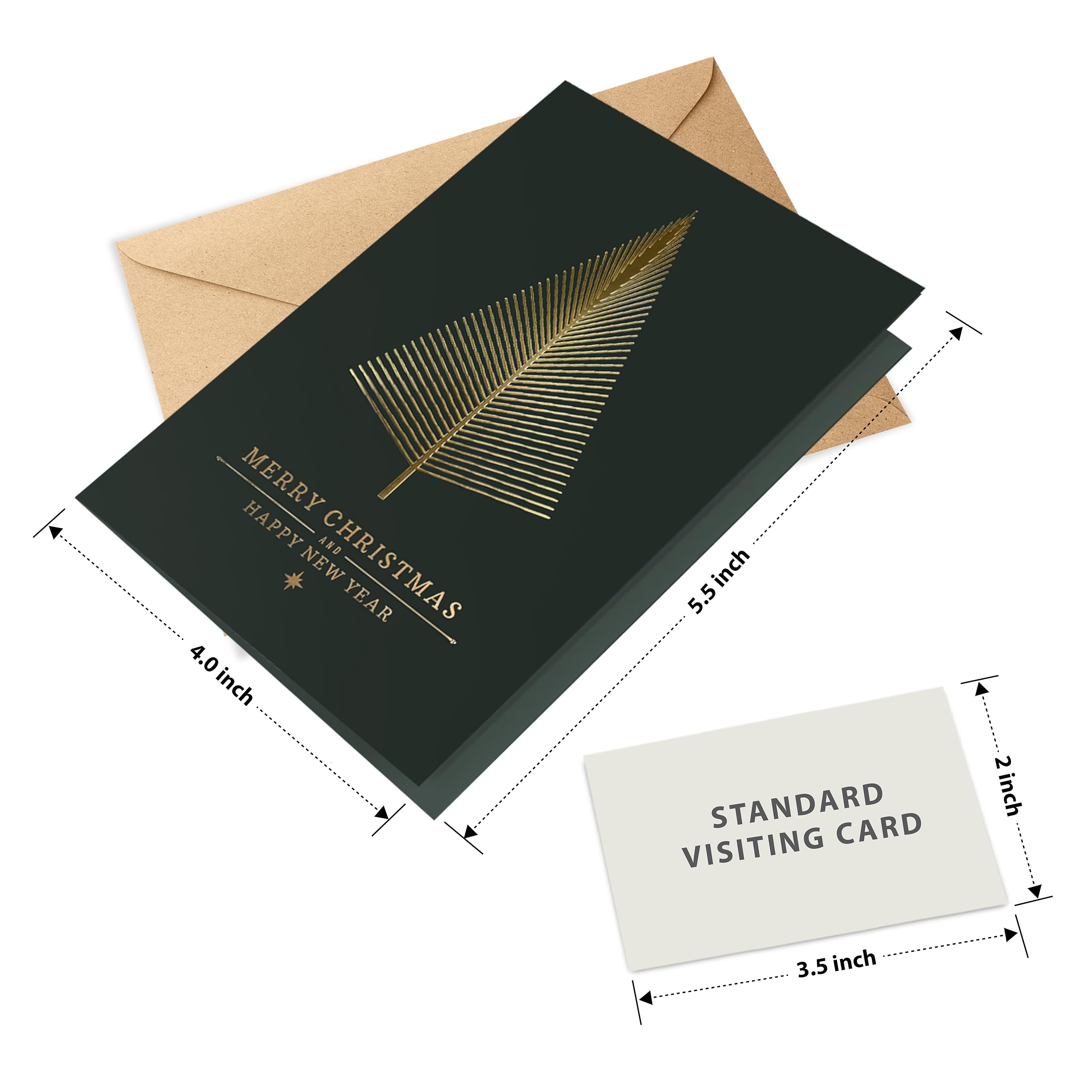 easykart labels 20 Gold Foil Christmas Greeting Cards with Envelopes | Dark Green Col & Embossing on Christmas Tree | 5.75 x 4.25 Inch Merry Christmas Cards with Seal Stickers For Friends , Family and loved Ones