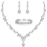 EVER FAITH Bridal Jewelry Set for Bride Bridesmaid, Flower Leaf Teardrop Cubic Zirconia Necklace Dangle Earrings Bracelet Sets Wedding Party for Women