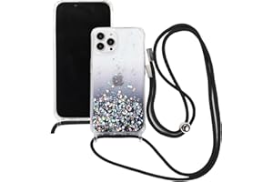 ELTIIGO for iPhone 12 Pro Max Strap Case with Crossbody Lanyard, Clear Glitter Shiny Bling Sparkle Shockproof Cover with Soft TPU Bumper, Adjustable Shoulder Neck Strap for Girls Women - Black