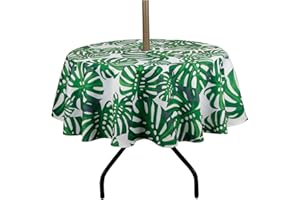 ColorBird Spring & Summer Palm Leaf Outdoor Tablecloth Waterproof Spillproof Polyester Table Cover with Zipper Umbrella Hole for Patio Garden Tabletop Decor, 60" Round, Zippered