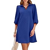 Wenrine Womens 3/4 Sleeve Mini Dress Casual V Neck Collared Textured Loose Fall A Line Argyle Dresses with Pockets