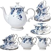 LE POTOCIO 21-Piece Bone China Tea Set for Adults, Blue and White Porcelain Tea Set for 6, Vintage Floral Tea Cup Set With Teapot, Tea Party Sets for Women Gift,Gift Box