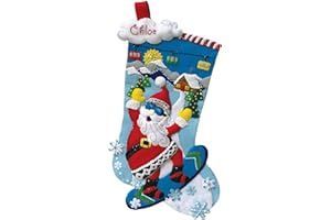 MERRYSTOCKINGS Snowboarding Santa - 18" Felt Applique Christmas Stocking Kit – Complete DIY Holiday Craft Kit with Stamped Felt, Sequins, Beads & Floss
