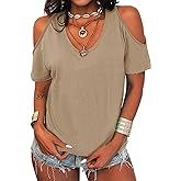 Eurivicy Women's Summer Cold Shoulder T-Shirt Casual Short Sleeve V Neck Blouse Top